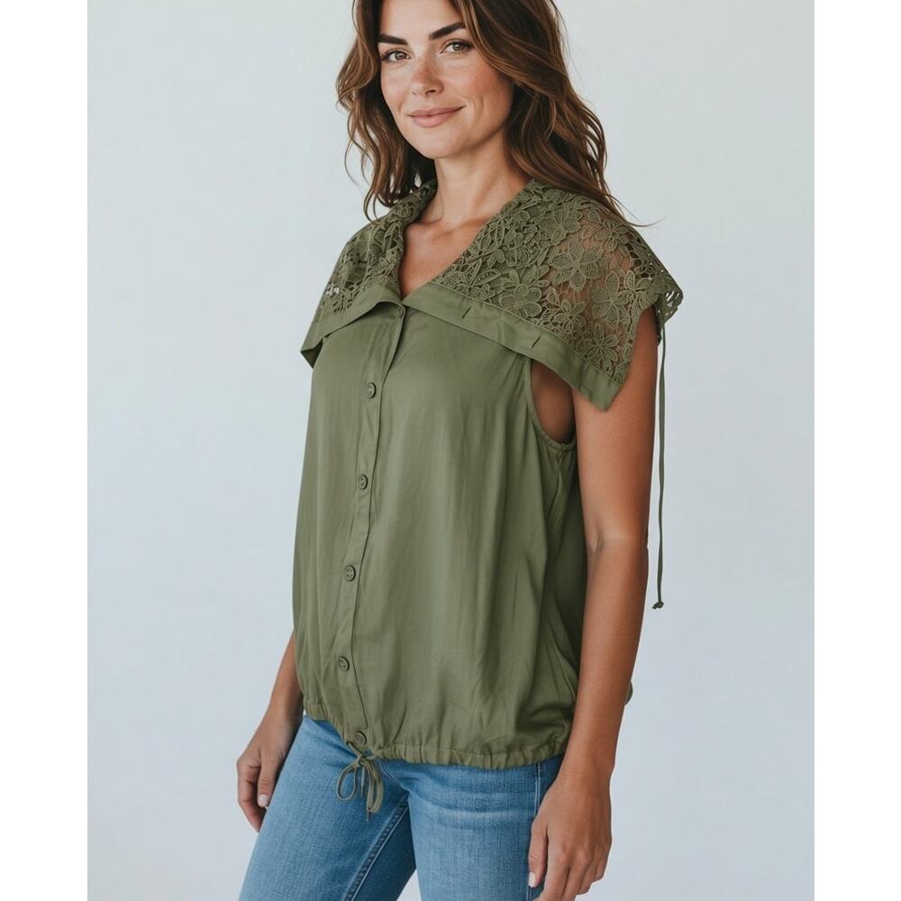Matilda Jane Ambitious You Caped Utility Vest Olive Green Lace Collar Large